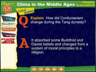 Explain   How did Confucianism change during the Tang dynasty? It absorbed some Buddhist and Daoist beliefs and changed from a system of moral principles to a religion. China in the Middle Ages 