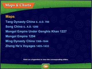 Map s Tang Dynasty China c.  A.D.  700 Song China c.  A.D.  1200 Mongol Empire Under Genghis Khan 1227 Mongol Empire 1294 Ming Dynasty China   1368 – 1644 Zheng  He’s Voyages   1405 – 1433 Click on a hyperlink to view the corresponding slides. 