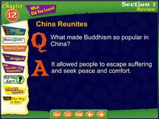 What made Buddhism so popular in China? It allowed people to escape suffering and seek peace and comfort. China Reunites 