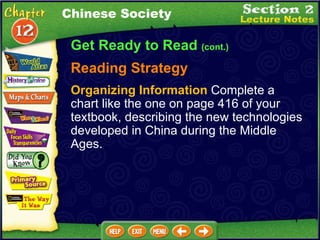 Get Ready to Read  (cont.) Reading Strategy Organizing Information  Complete a chart like the one on page 416 of your textbook, describing the new technologies developed in China during the Middle Ages. Chinese Society 