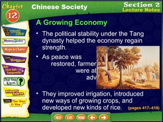 A Growing Economy As peace was  restored, farmers  were able to make  advances and be  more productive .  They improved irrigation, introduced new ways of growing crops, and developed new kinds of rice .  The political stability under the Tang dynasty helped the economy regain strength .  (pages 417 – 418) Chinese Society 