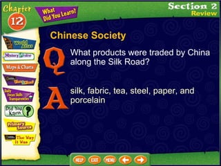 What products were traded by China along the Silk Road? silk, fabric, tea, steel, paper, and porcelain Chinese Society 