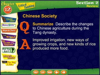 Summarize   Describe the changes to Chinese agriculture during the Tang dynasty. Improved irrigation, new ways of growing crops, and new kinds of rice produced more food. Chinese Society 