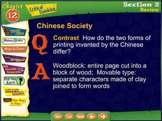 Contrast   How do the two forms of printing invented by the Chinese differ?  Woodblock: entire page cut into a block of wood;  Movable type: separate characters made of clay joined to form words Chinese Society 