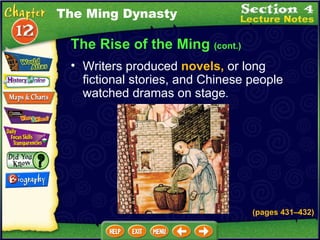 The Rise of the Ming  (cont.) Writers produced  novels,  or long fictional stories, and Chinese people watched dramas on stage .   The Ming Dynasty (pages 431 – 432) 