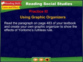 Using Graphic Organizers Practice It! Read the paragraph on page 483 of your textbook and create your own graphic organizer to show the effects of Yoritomo’s ruthless rule.  Reading Social Studies 