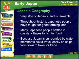 Japan’s Geography Very little of Japan’s land is farmable.  (page 485) Throughout history, Japanese people have fought for good farming land.  Many Japanese people settled in coastal villages to fish for food.  Early Japan Because Japan is surrounded by water, merchants could travel easily on ships from town to town for trade.  