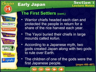 The First Settlers  (cont.) Warrior chiefs headed each clan and protected the people in return for a share of the rice harvest each year .  The Yayoi buried their chiefs in large mounds called  kofun .   According to a Japanese myth, two gods created Japan along with two gods to rule over Earth .  (pages 486 –487 ) Early Japan The children of one of the gods were the first Japanese people. 
