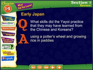 What skills did the Yayoi practice that they may have learned from the Chinese and Koreans? using a potter’s wheel and growing rice in paddies Early Japan 