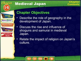 Chapter Objectives Describe the role of geography in the development of Japan.   Discuss the rise and influence of shoguns and samurai in medieval Japan.   Relate the impact of religion on Japan’s culture. Medieval Japan 