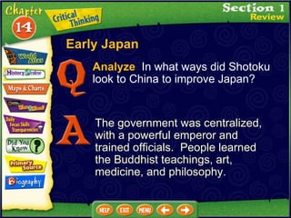 Analyze   In what ways did Shotoku look to China to improve Japan? The government was centralized, with a powerful emperor and trained officials.  People learned the Buddhist teachings, art, medicine, and philosophy. Early Japan 