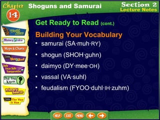 Get Ready to Read  (cont.) Building Your Vocabulary samurai (SA·muh· RY )  shogun (SHOH·guhn)  daimyo (DY·mee· OH )  Shoguns and Samurai vassal (VA·suhl)  feudalism (FYOO·duhl· IH ·zuhm)  