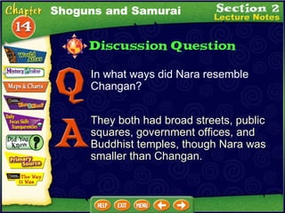 In what ways did Nara resemble Changan? They both had broad streets, public squares, government offices, and Buddhist temples, though Nara was smaller than Changan. Shoguns and Samurai 