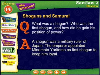 What was a shogun?  Who was the first shogun, and how did he gain his position of power? A shogun was a military ruler of Japan. The emperor appointed  Minamoto Yoritomo as first shogun to keep him loyal. Shoguns and Samurai 