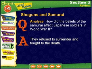 Analyze   How did the beliefs of the samurai affect Japanese soldiers in World War II? They refused to surrender and fought to the death. Shoguns and Samurai 