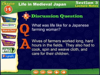 What was life like for a Japanese farming woman? Wives of farmers worked long, hard hours in the fields.  They also had to cook, spin and weave cloth, and care for their children. Life in Medieval Japan 