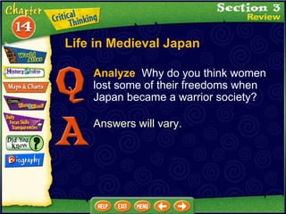 Analyze   Why do you think women lost some of their freedoms when Japan became a warrior society?  Answers will vary. Life in Medieval Japan 