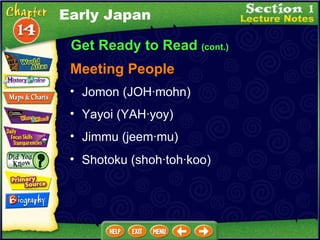 Get Ready to Read  (cont.) Jomon (JOH·mohn)  Yayoi (YAH·yoy)  Meeting People Jimmu (jeem·mu)  Early Japan Shotoku (shoh·toh·koo)  