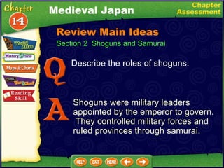 Section 2  Shoguns and Samurai Describe the roles of shoguns. Shoguns were military leaders appointed by the emperor to govern.  They controlled military forces and ruled provinces through samurai. Medieval Japan Review Main Ideas 