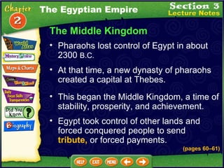 The Middle Kingdom Pharaohs lost control of Egypt in about 2300  B.C.   At that time, a new dynasty of pharaohs created a capital at Thebes.  This began the Middle Kingdom, a time of stability, prosperity, and achievement.  (pages 60 – 61) Egypt took control of other lands and forced conquered people to send  tribute,  or forced payments. The Egyptian Empire 