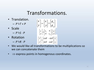 Transformations.
• Translation.
– P=T + P
• Scale
– P=S  P
• Rotation
– P=R  P
• We would like all transformations to be multiplications so
we can concatenate them
•  express points in homogenous coordinates.
12











 








y
x
y
x
.
cossin
sincos


 