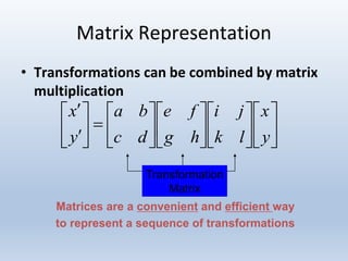 Matrix Representation
• Transformations can be combined by matrix
multiplication
































y
x
lk
ji
hg
fe
dc
ba
y
x
Matrices are a convenient and efficient way
to represent a sequence of transformations
Transformation
Matrix
 