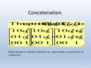 Concatenation.
36
Matrix product is variously referred to as compounding, concatenation, or
composition.


































100
10
01
100
10
01
.
100
10
01
:is),(),(productmatrixThe
21
21
2
2
1
1
2211
yy
xx
y
x
y
x
yxyx
dd
dd
d
d
d
d
ddTddT
 