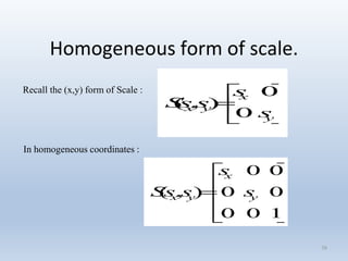 Homogeneous form of scale.
38







y
x
yx
s
s
ssS
0
0
),(
Recall the (x,y) form of Scale :











100
00
00
),( y
x
yx s
s
ssS
In homogeneous coordinates :
 