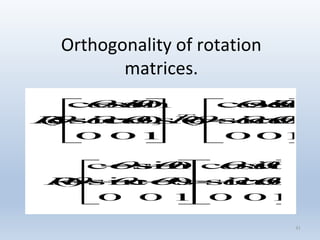 Orthogonality of rotation
matrices.
41




















 

100
0cossin
0sincos
)(,
100
0cossin
0sincos
)( 



 T
RR
























100
0cossin
0sincos
100
0cossin
0sincos
)( 



R
 