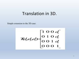 Translation in 3D.
50













1000
100
010
001
),,(
z
y
x
zyx
d
d
d
dddT
Simple extension to the 3D case:
 