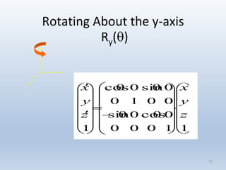 Rotating About the y-axis
Ry()
54















































11000
0θcos0θsin
0010
0θsin0θcos
1
z
y
x
z
y
x
 