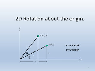8
2D Rotation about the origin.
y
x
r
r
P’(x’,y’)
P(x,y)


y


sin.
cos.
ry
rx


x
 