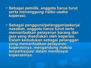  Sebagai pemilik, anggota harus turutSebagai pemilik, anggota harus turut
serta menanggung risiko usahaserta menanggung risiko usaha
koperasi;koperasi;
 Sebagai pengguna/pelanggan/pekerja/Sebagai pengguna/pelanggan/pekerja/
nasabah, anggota harus turut sertanasabah, anggota harus turut serta
memanfaatkan pelayanan barang danmemanfaatkan pelayanan barang dan
jasa yang disediakan oleh koperasi.jasa yang disediakan oleh koperasi.
Dalam kedudukan sebagai pelangganDalam kedudukan sebagai pelanggan
yang memanfaatkan pelayananyang memanfaatkan pelayanan
koperasinya, mengandung maknakoperasinya, mengandung makna
berpartisipasi dalam membiayaiberpartisipasi dalam membiayai
koperasinya.koperasinya.
 