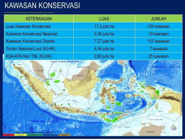 KAWASAN KONSERVASI
KETERANGAN LUAS JUMLAH
Luas Kawasan Konservasi 17,3 juta ha 154 kawasan
Kawasan Konservasi Nasional 5,3...