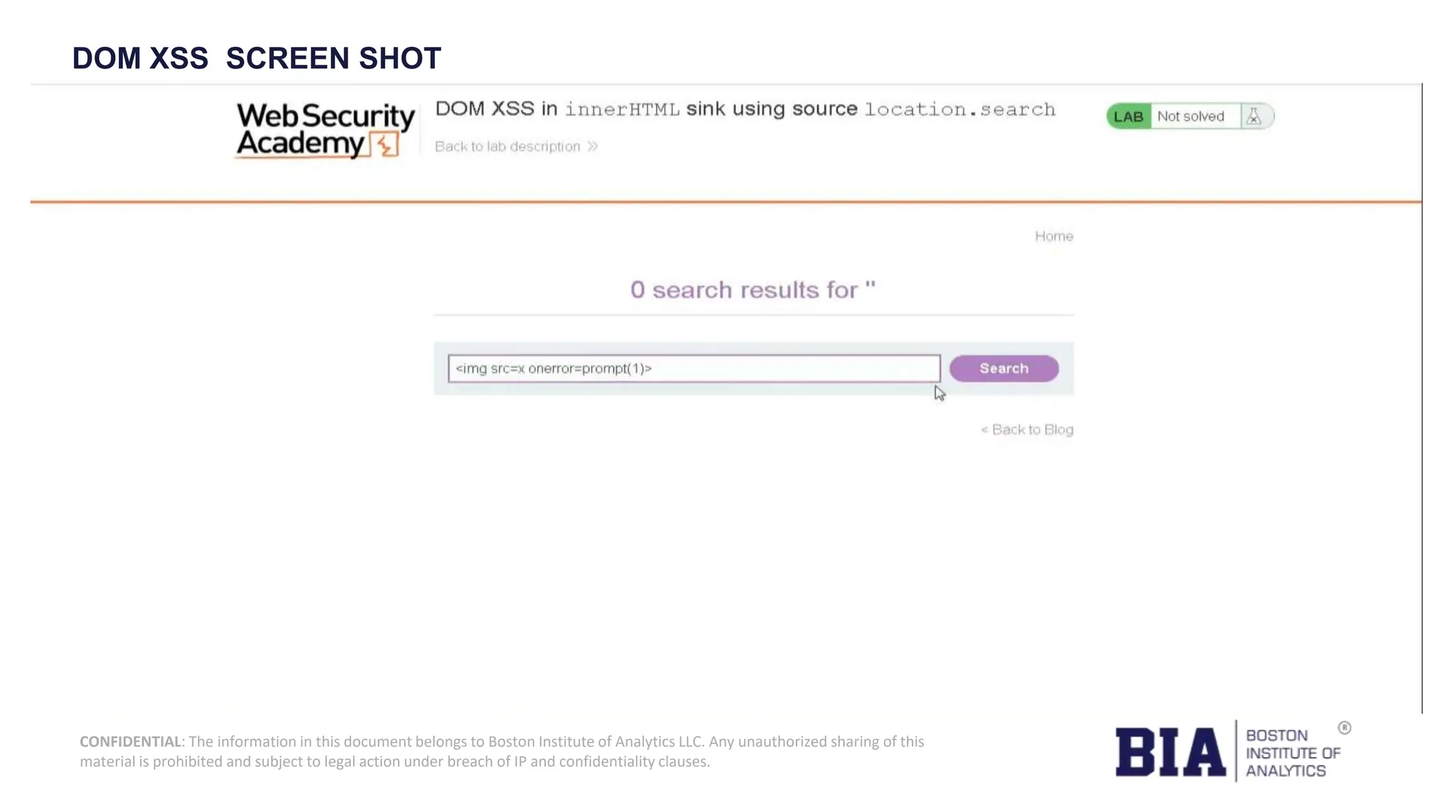 CONFIDENTIAL: The information in this document belongs to Boston Institute of Analytics LLC. Any unauthorized sharing of this material is prohibited and subject to legal action under breach of IP and confidentiality clauses. DOM XSS SCREEN SHOT 