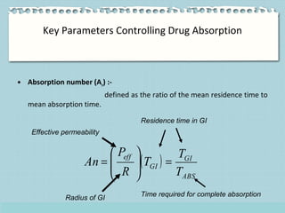 Key Parameters Controlling Drug Absorption
• Absorption number (An) :-
defined as the ratio of the mean residence time to
...
