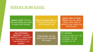 SYNTAX IN MS EXCEL
Select a Cell: Click on
the cell where you want
to enter the formula.
Type the Equal Sign (=):
Formulas always start
with an equal sign.
Select Cells or Enter
Values: You can either
select other cells or
directly type values into
the formula.
Use Arithmetic
Operators: Include
addition (+), subtraction
(-), multiplication (*),
and division (/) as
needed.
Press Enter: Hit the
Enter key to calculate
the result.
For example:
• To add two values: =A1 + B1
• To subtract: =A2 - B2
• To multiply: =A3 * B3
• To divide: =A4 / B4
 