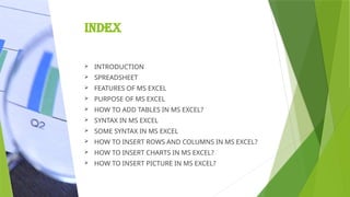INDEX
 INTRODUCTION
 SPREADSHEET
 FEATURES OF MS EXCEL
 PURPOSE OF MS EXCEL
 HOW TO ADD TABLES IN MS EXCEL?
 SYNTAX IN MS EXCEL
 SOME SYNTAX IN MS EXCEL
 HOW TO INSERT ROWS AND COLUMNS IN MS EXCEL?
 HOW TO INSERT CHARTS IN MS EXCEL?
 HOW TO INSERT PICTURE IN MS EXCEL?
 