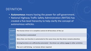 DEFINITION
• Autonomous means having the power for self-government.
• National Highway Traffic Safety Administration (NHTSA) has
created a five-level hierarchy to help clarify the concept of
autonomous vehicles.
 