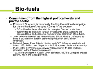 Bio-fuels Commitment from the highest political levels and private sector : President Guebuza is personally leading the national campaign for the cultivation of Jatropha Curcas in the country. 3.5 million hectares allocated for Jatropha Curcas production. Committed to attracting foreign investments and developing the required legal and economic framework for promotion of bio-fuels. Joint Venture between the Petromoc and South Africa’s Cofasoma to build a $125 million ethanol plant with production of 60 million litres/year. Malavalli Power Plant Private Limited and CVC Infrastructure India will invest US$1 billion over 10 yrs to build 7 bio-power plants in the country. PLUS-listed ESV Group plc in May 2006 acquired 11,000 hectares plantation in the Inhambane province TSX-listed Energem in August 2007 acquired 70% of a Jatropha project (60,000 ha) in the Gaza province. 