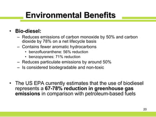 Environmental Benefits Bio-diesel: Reduces emissions of carbon monoxide by 50% and carbon dioxide by 78% on a net lifecycle basis  Contains fewer aromatic hydrocarbons benzofluoranthene: 56% reduction  benzopyrenes: 71% reduction Reduces particulate emissions by around 50% Is considered biodegradable and non-toxic The US EPA currently estimates that the use of biodiesel represents a  67-78% reduction in greenhouse gas emissions  in comparison with petroleum-based fuels 