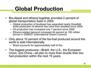 Global Production Bio-diesel and ethanol together provided 2 percent of global transportation fuels in 2004.  Global production of biodiesel has expanded nearly threefold while production of ethanol has more than doubled since 2000  Oil production has increased only 7 percent since 2000 Ethanol-related demand increased 44 percent to 100 million tonnes in 2006/07 (International Grains Council)  Only about 10 percent of the bio-fuel produced around the world is sold internationally Brazil accounts for approximately half of this  The biggest producers—Brazil, the U.S., the European Union, and China—all plan to more than double their bio-fuel production within the next 15 years. 