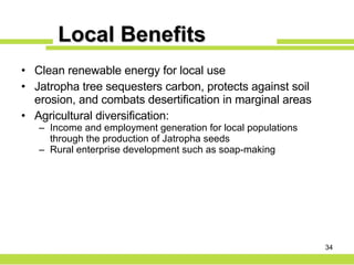Local Benefits Clean renewable energy for local use  Jatropha tree sequesters carbon, protects against soil erosion, and combats desertification in marginal areas Agricultural diversification: Income and employment generation for local populations through the production of Jatropha seeds  Rural enterprise development such as soap-making 