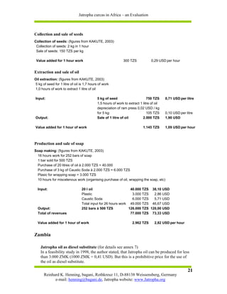 Jatropha curcas in Africa – an Evaluation



Collection and sale of seeds
Collection of seeds: (figures from KAKUTE, 2003)
 Collection of seeds: 2 kg in 1 hour
 Sale of seeds: 150 TZS per kg

 Value added for 1 hour work                                  300 TZS            0,29 USD per hour


Extraction and sale of oil
Oil extraction: (figures from KAKUTE, 2003)
5 kg of seed for 1 litre of oil is 1,7 hours of work
1,0 hours of work to extract 1 litre of oil

Input:                                      5 kg of seed                      750 TZS     0,71 USD per litre
                                            1,5 hours of work to extract 1 litre of oil
                                            depreciation of ram press 0,02 USD / kg
                                            for 5 kg:                         105 TZS     0,10 USD per litre
Output:                                     Sale of 1 litre of oil         2.000 TZS      1,90 USD

Value added for 1 hour of work                                             1.145 TZS      1,09 USD per hour



Production and sale of soap
Soap making: (figures from KAKUTE, 2003)
  16 hours work for 252 bars of soap
  1 bar sold for 500 TZS
  Purchase of 20 litres of oil à 2.000 TZS = 40.000
  Purchase of 3 kg of Caustic Soda à 2.000 TZS = 6.000 TZS
  Plasic for wrapping soap = 3.000 TZS
  10 hours for miscelenous work (organising purchase of oil, wrapping the soap, etc)

  Input:                         20 l oil                       40.000 TZS 38,10 USD
                                 Plastic                         3.000 TZS   2,86 USD
                                 Caustic Soda                    6.000 TZS   5,71 USD
                                 Total input for 26 hours work 49.000 TZS 46,67 USD
  Output:                        252 bars à 500 TZS            126.000 TZS 120,00 USD
  Total of revenues                                             77.000 TZS 73,33 USD

  Value added for 1 hour of work                                    2.962 TZS      2,82 USD per hour


Zambia

    Jatropha oil as diesel substitute (for details see annex 7)
    In a feasibility study in 1998, the author stated, that Jatropha oil can be produced for less
    than 3.000 ZMK (1000 ZMK = 0,41 USD). But this is a prohibitive price for the use of
    the oil as diesel substitute.

                                                                                                        21
      Reinhard K. Henning, bagani, Rothkreuz 11, D-88138 Weissensberg, Germany
            e-mail: henning@bagani.de, Jatropha website: www.Jatropha.org
 