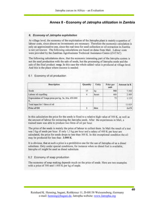 Jatropha curcas in Africa – an Evaluation



              Annex 8 - Economy of Jatropha utilization in Zambia




                                                                           40
Reinhard K. Henning, bagani, Rothkreuz 11, D-88138 Weissensberg, Germany
      e-mail: henning@bagani.de, Jatropha website: www.Jatropha.org
 