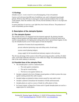 Jatropha curcas in Africa – an Evaluation




1.3 Ecology
Jatropha curcas L. is not a weed. It is not self propagating. It has to be planted.
It grows well with more than 600 mm of rainfall per year, and it withstands long drought
periods. With less than 600 mm it cannot grow except in special conditions like on Cape
Verde Islands, where the rainfall is only 250 mm, but the humidity of the air is very high (rain
harvesting).
It cannot stand frost. It survives a very light frost, but it looses all leaves. The production of
seeds will probably go down sharply.


2. Description of the Jatropha System
2.1 The Jatropha System
The Jatropha System is an integrated rural development approach. By planting Jatropha
hedges to protect gardens and fields against roaming animals, the oil from the seeds can be
used for soap production, for lighting and cooking and as fuel in special diesel engines. In this
way the Jatropha System covers 4 main aspects of rural development:
           promotion of women (local soap production);
           poverty reduction (protecting crops and selling seeds, oil and soap).
           erosion control (planting hedges);
           energy supply for the household and stationary engines in the rural area;
The obvious advantage of this system is that all the processing procedure, and thus all added
value, can be kept within the rural area or even within one village. No centralised processing
(like in the cotton industry) is necessary.

2.2 Possible Uses of the Jatropha Plant
        The Jatropha plant is used as a medicinal plant:
            o The seeds against constipation;
            o The sap for wound healing;
            o The leaves as tea against malaria; etc.
        Jatropha is planted in the form of hedges around gardens or fields to protect the crops
        against roaming animals like cattle or goats;
        Jatropha hedges are planted to reduce erosion caused by water and/or wind;
        Jatropha is planted to demarkate the boundaries of fields and homesteads;
        Jatropha plants are used as a source of shade for coffee plants in Cuba;
        In Comore islands, in Papua New Guinea and in Uganda Jatropha plants are used as a
        support plant for vanilla plants;



                                                                                                     6
      Reinhard K. Henning, bagani, Rothkreuz 11, D-88138 Weissensberg, Germany
            e-mail: henning@bagani.de, Jatropha website: www.Jatropha.org
 