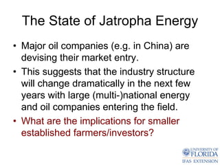The State of Jatropha Energy
• Major oil companies (e.g. in China) are
  devising their market entry.
• This suggests that the industry structure
  will change dramatically in the next few
  years with large (multi-)national energy
  and oil companies entering the field.
• What are the implications for smaller
  established farmers/investors?
 