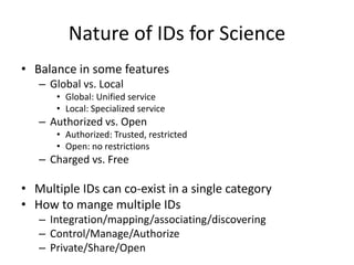 Nature of IDs for Science
• Balance in some features
– Global vs. Local
• Global: Unified service
• Local: Specialized ser...