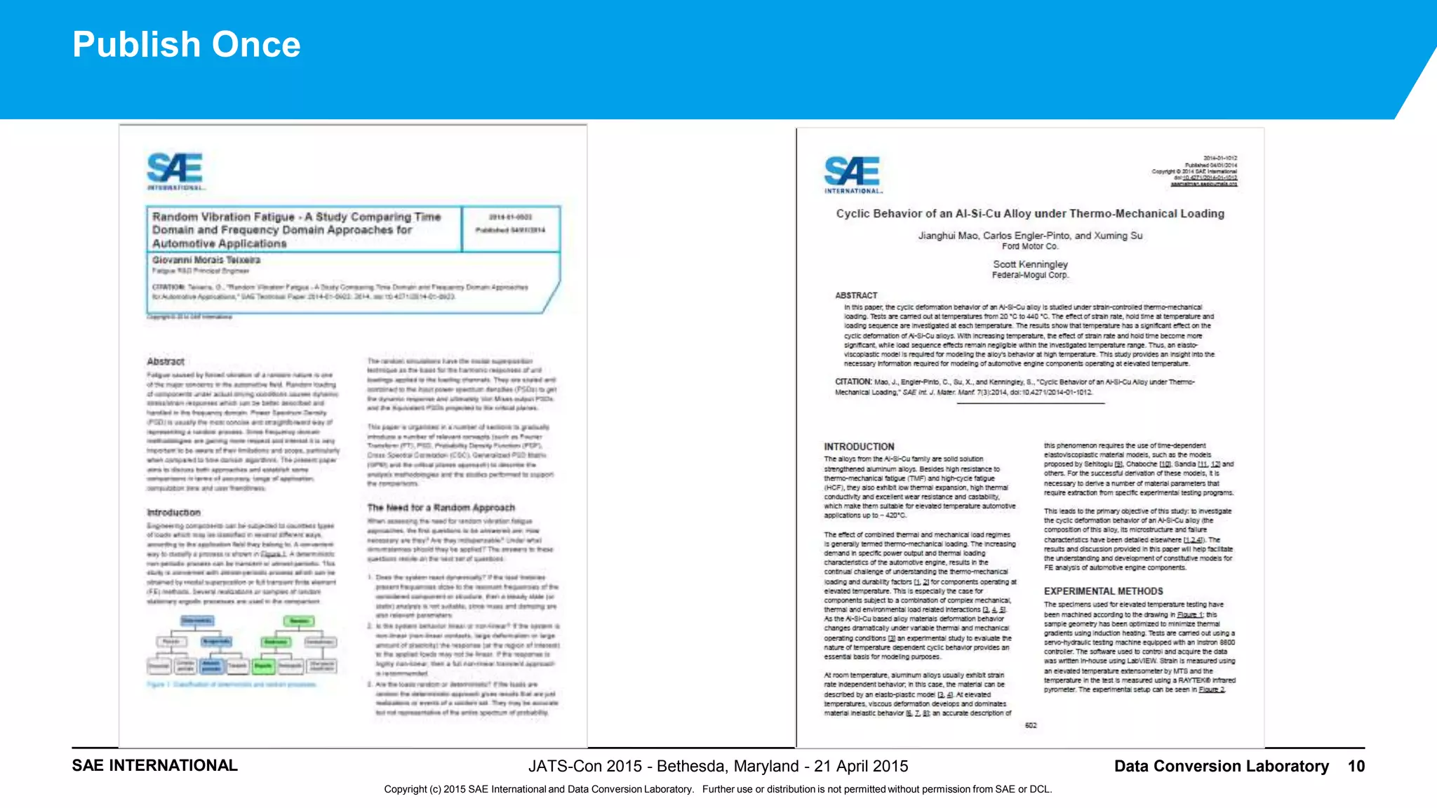 SAE INTERNATIONAL
Copyright (c) 2015 SAE International and Data Conversion Laboratory. Further use or distribution is not permitted without permission from SAE or DCL.
Publish Once
JATS-Con 2015 - Bethesda, Maryland - 21 April 2015 Data Conversion Laboratory 10
 