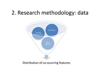 2. Research methodology: data
Distribution of co-ocurring features
Word
categories
Syntactic
constructions
Vocabulary
 
